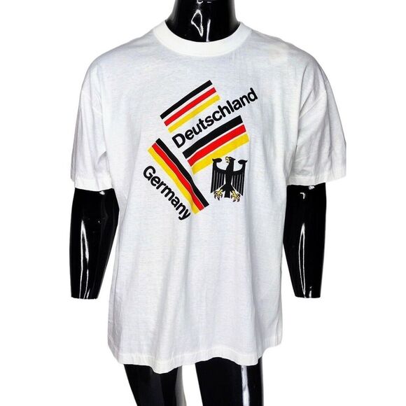 Vintage 80s Deutschland Germany Flag White Single Stitch SS Tee L/XL NOS NEW - Picture 1 of 10